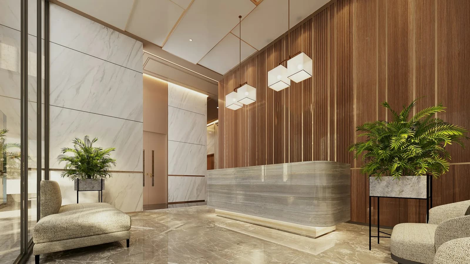Modern mermer resepsiyonlu premium ofis lobisi